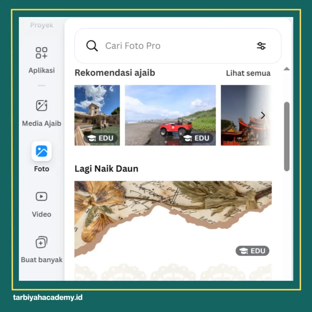 cara upload foto dan menggunakan library gambar di Canva